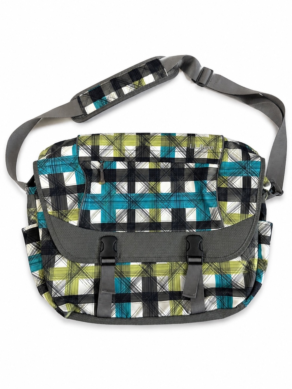 L.L. Bean Laptop Messenger Bag Padded Crossbody Briefcase Teal Gray Plaid O/S
